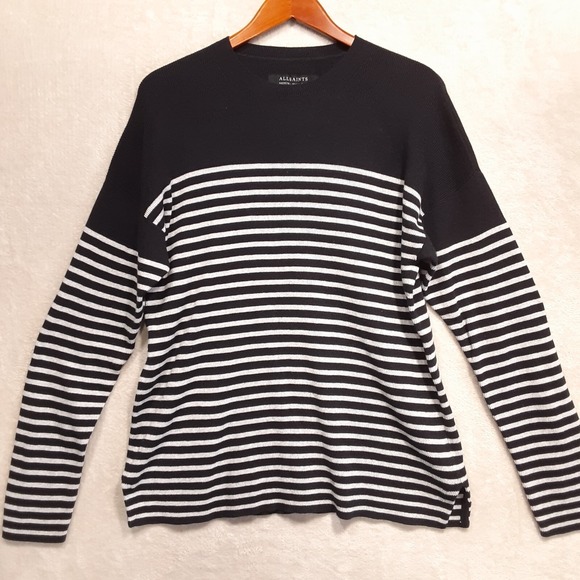 All Saints Mens Gallo Crew Pullover Sweater Sz.Medium/Navy/Striped/Wool Blend